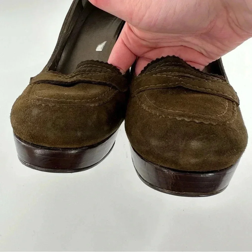 Stuart Weitzman heels size 11 olive green suede penny loafers chunky platforms